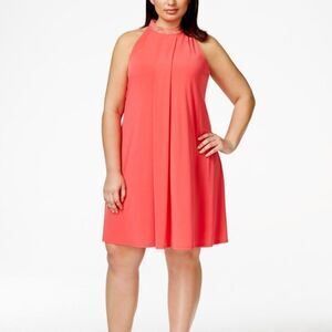 Calvin Klein Sz 12 Jewel-neck Trapeze  Dress Rhinestones Coral